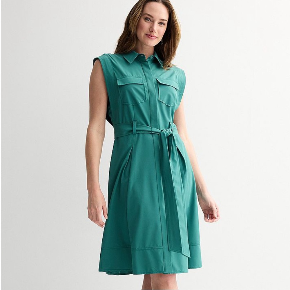 Andrew Marc Teal Sleeveless Shirt Dress with Self-Tie Waist